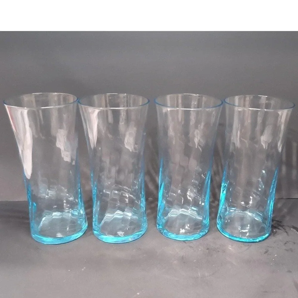 Wheaton‎ Blue Tint Highball Glasses, Set of 4, Vintage Optic Swirl Pressed Glass